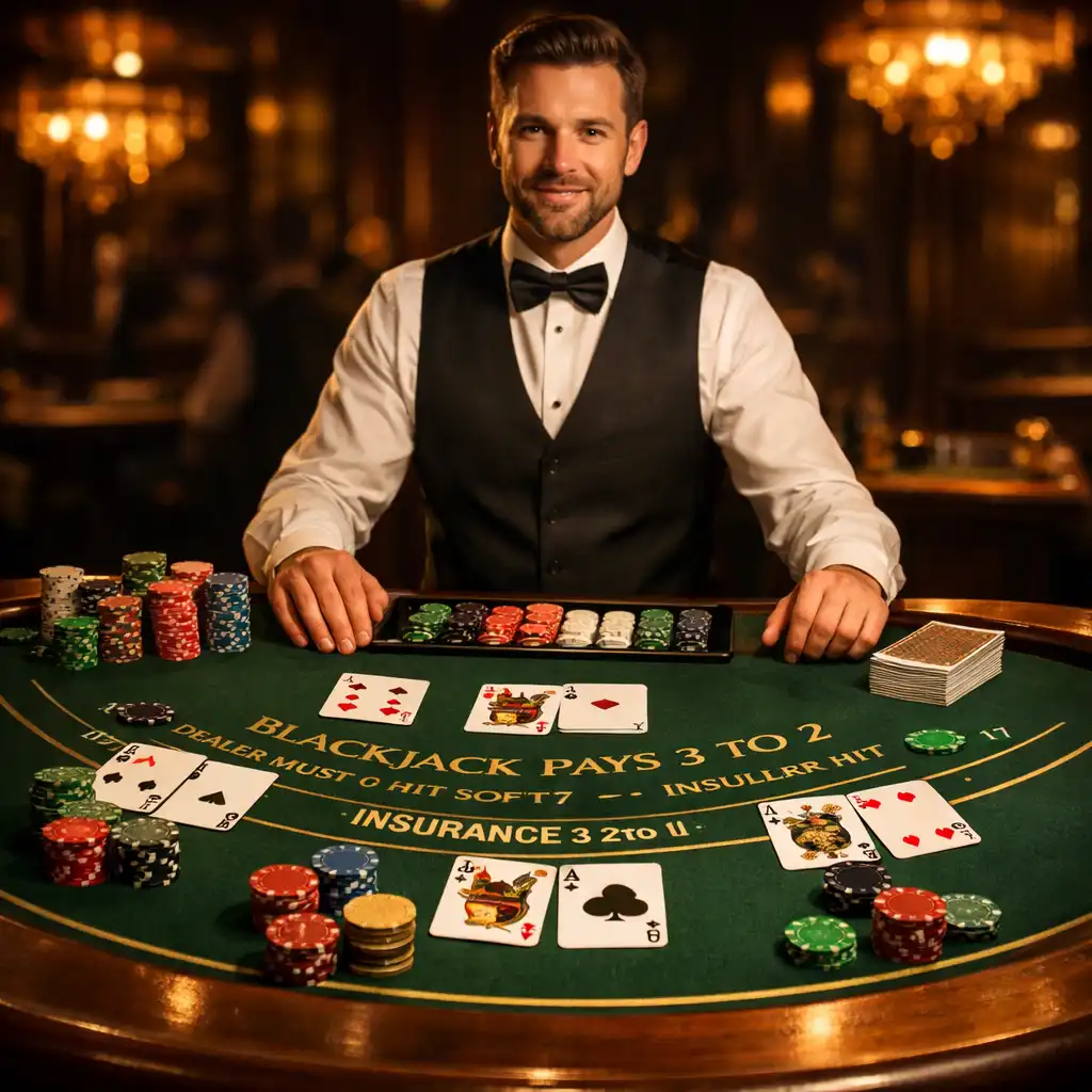 Stół do blackjacka z kartami i żetonami, profesjonalny krupier w tle