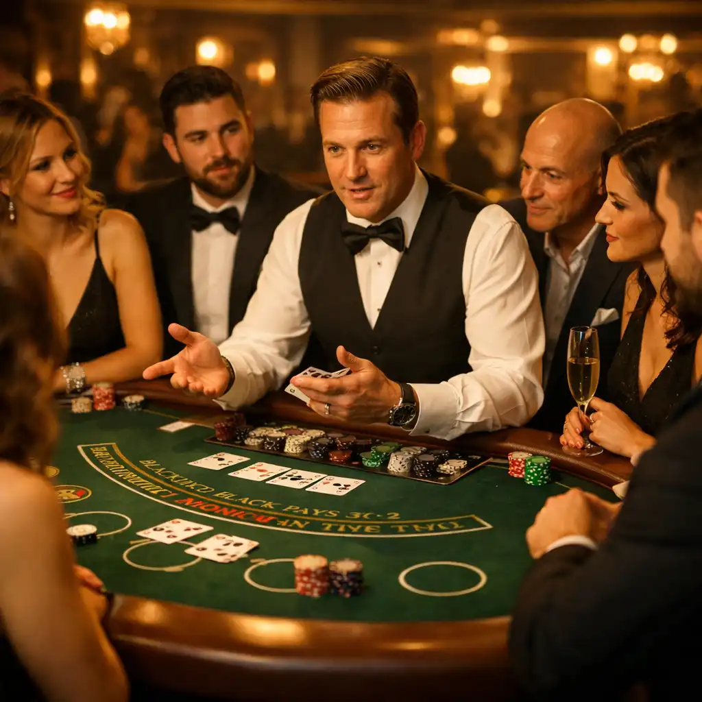 Krupier wyjaśniający zasady gry przy stole do blackjacka, grupa gości słucha