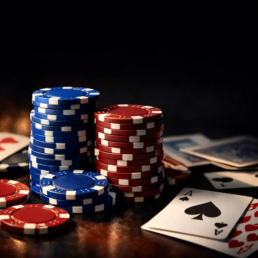 Zbliżenie na stos żetonów pokerowych w kolorach kobaltowym i burgundowym