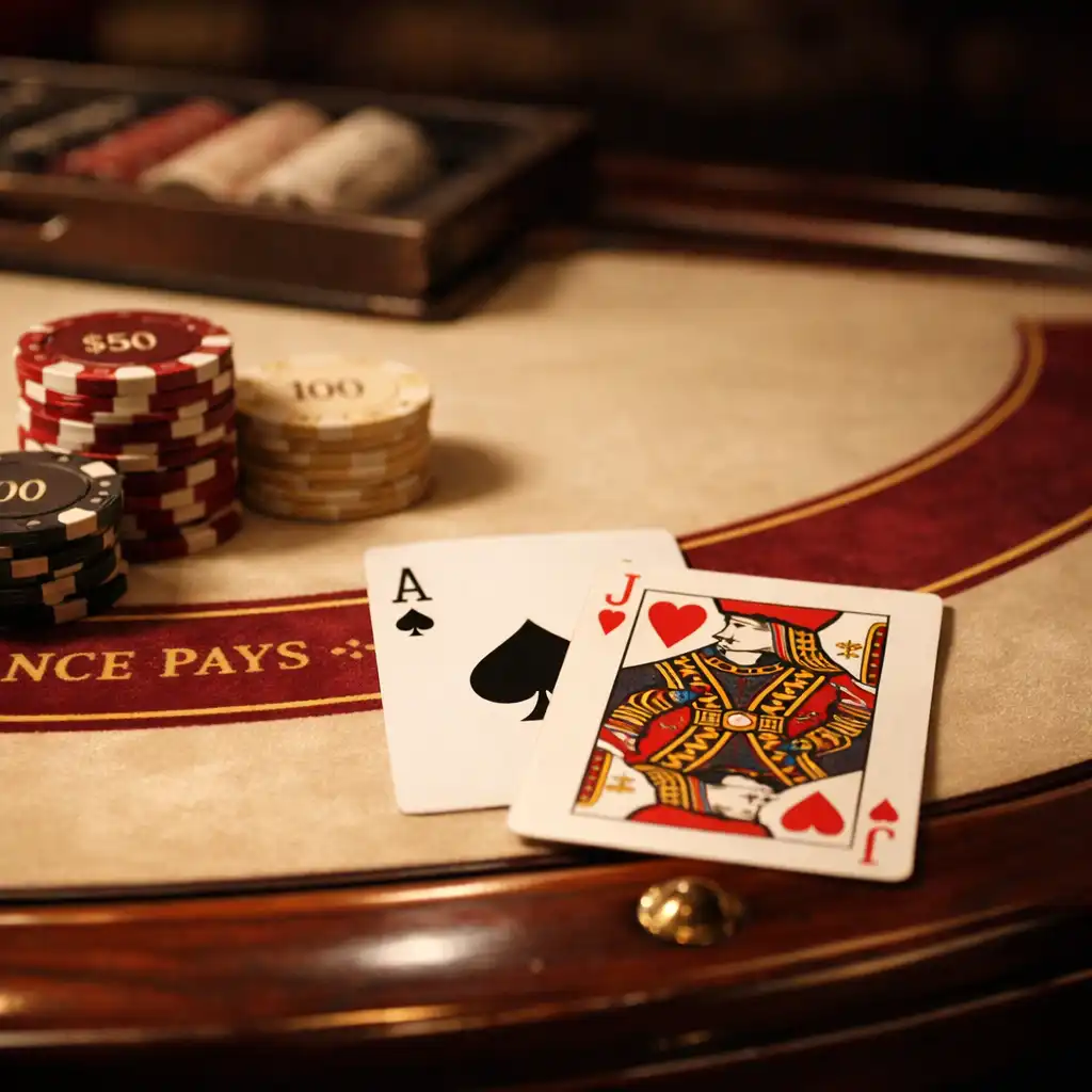 Zbliżenie na detale stołu do blackjacka: karty, żetony i eleganckie wykończenia