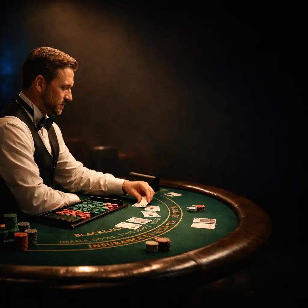 Stół do blackjacka z krupierem w eleganckim stroju, ciepłe światło punktowe i kinowy nastrój