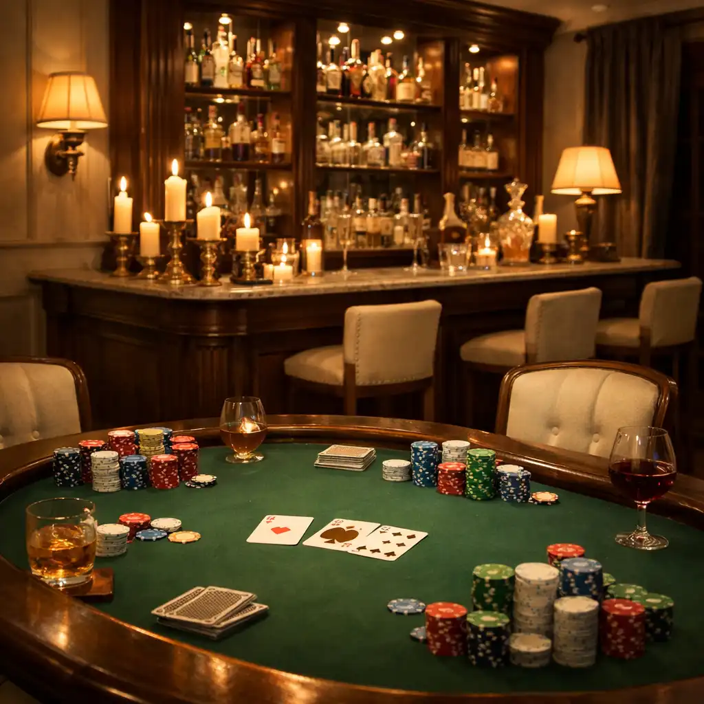 Kameralny wieczór pokerowy w prywatnej willi z eleganckim barem i ciepłym światłem świec